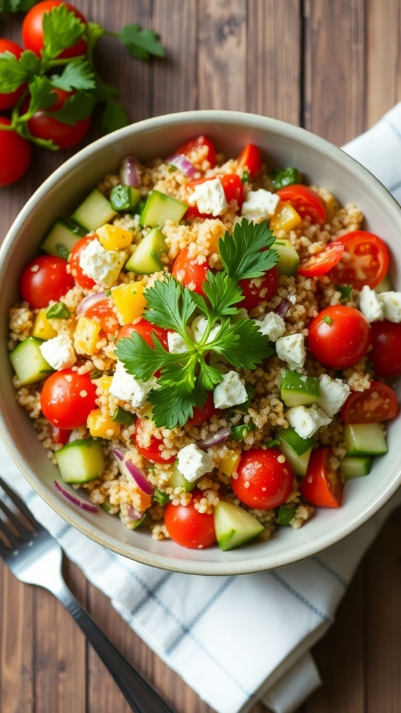 A colorful quinoa salad with cucumbers, bell peppers, red onion, and feta cheese in a bowl on a wooden table.